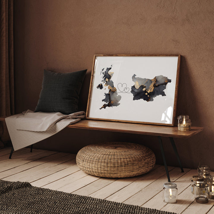 Britain and Bulgaria Map Black & Gold Travel Wall Art Print | United Kingdom | UK