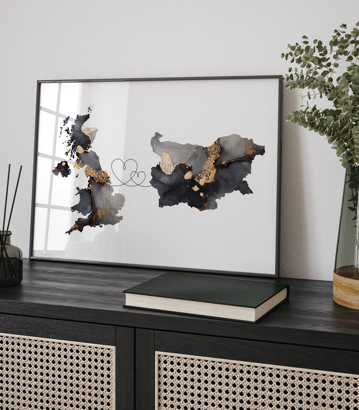 Britain and Bulgaria Map Black & Gold Travel Wall Art Print | United Kingdom | UK