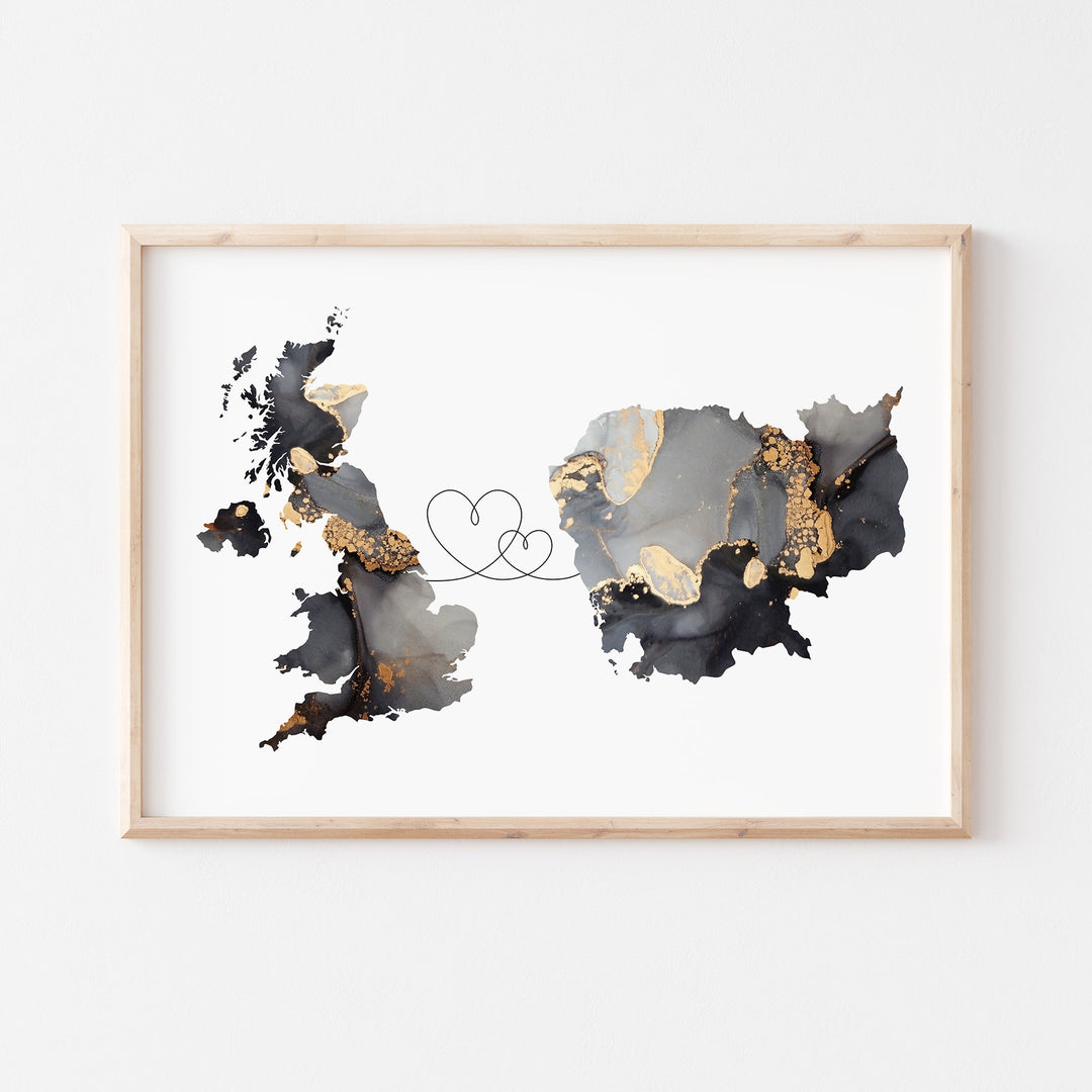 Britain and Cambodia Map Black & Gold Travel Wall Art Print | United Kingdom | UK