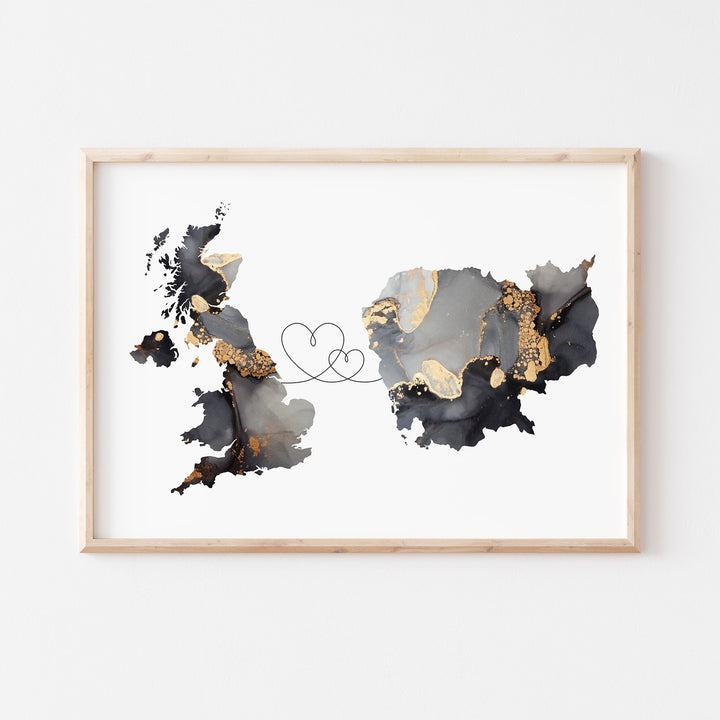 Britain and Cambodia Map Black & Gold Travel Wall Art Print | United Kingdom | UK