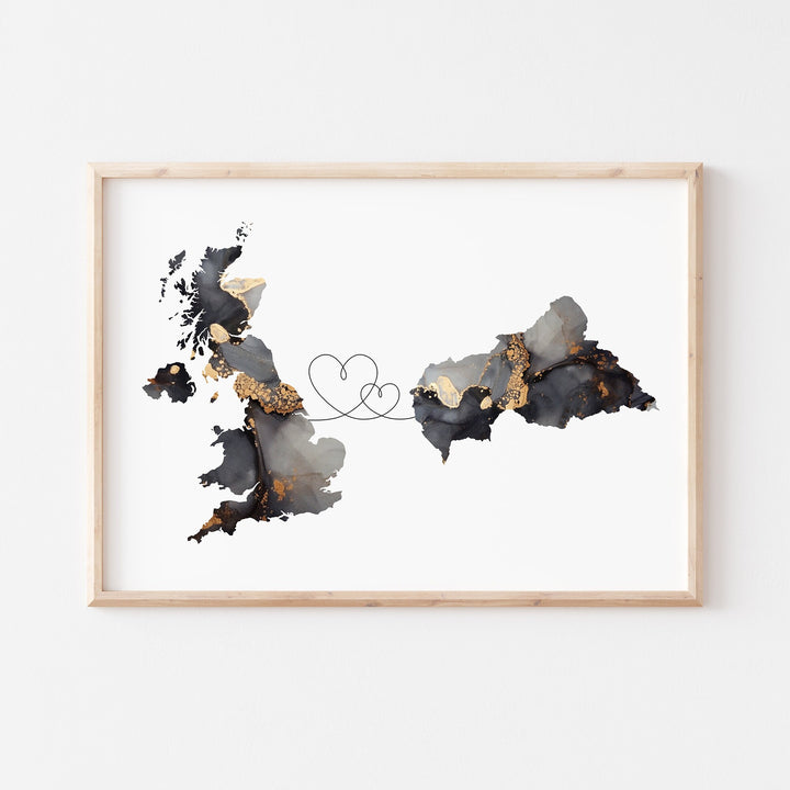 Britain and Central African Republic Map Black & Gold Travel Wall Art Print | United Kingdom | UK
