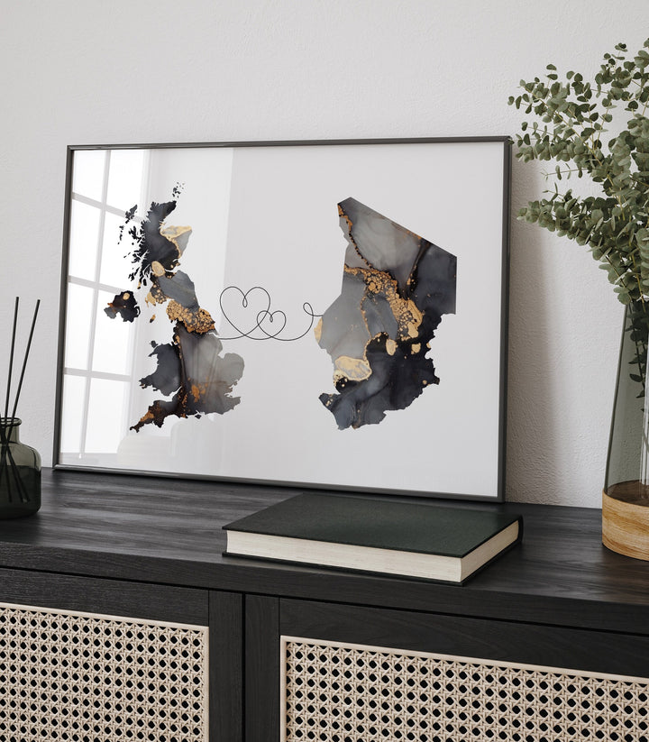 Britain and Chad Map Black & Gold Travel Wall Art Print | United Kingdom | UK