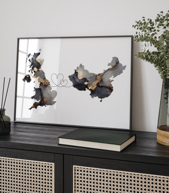 Britain and China Map Black & Gold Travel Wall Art Print | United Kingdom | UK