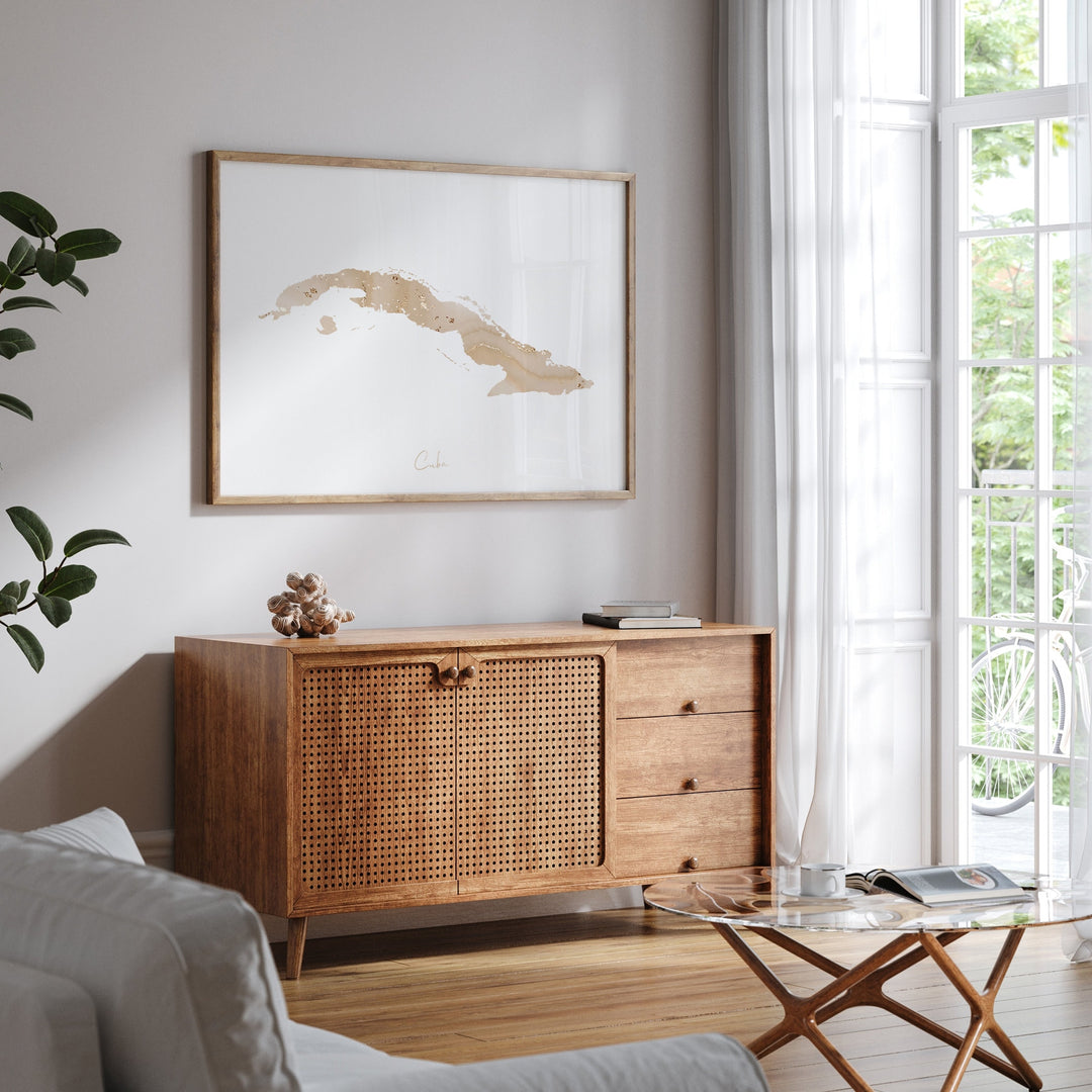 Cuba Map Beige & Gold Wall Art Print