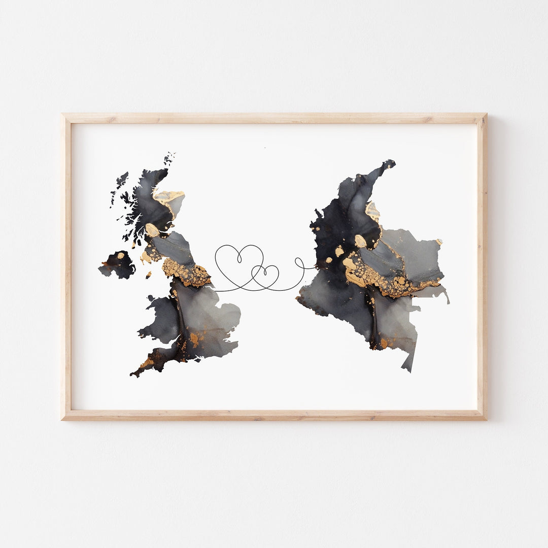 Britain and Colombia Map Black & Gold Travel Wall Art Print | United Kingdom | UK