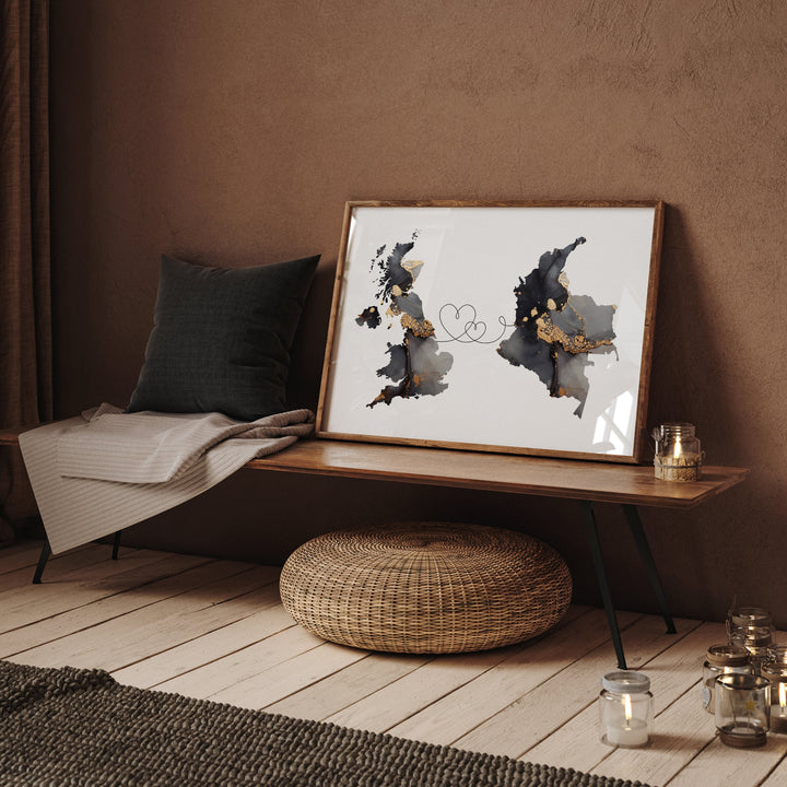 Britain and Colombia Map Black & Gold Travel Wall Art Print | United Kingdom | UK