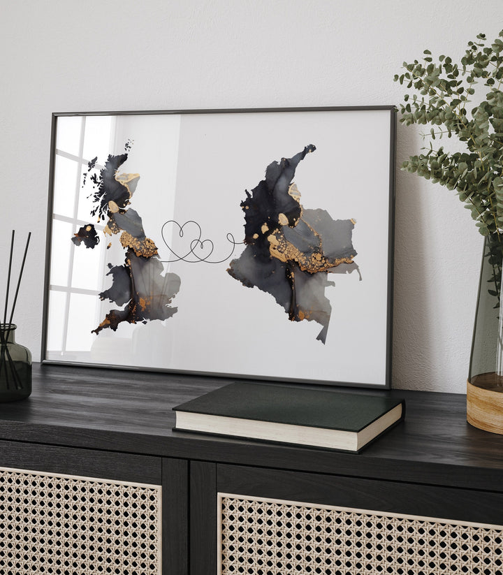 Britain and Colombia Map Black & Gold Travel Wall Art Print | United Kingdom | UK
