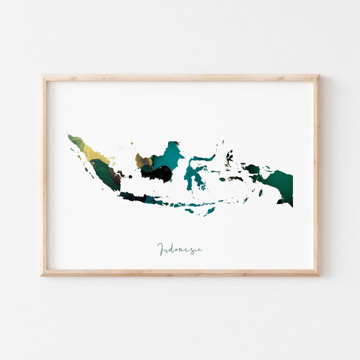 Indonesia Map Green & Gold Wall Art Print