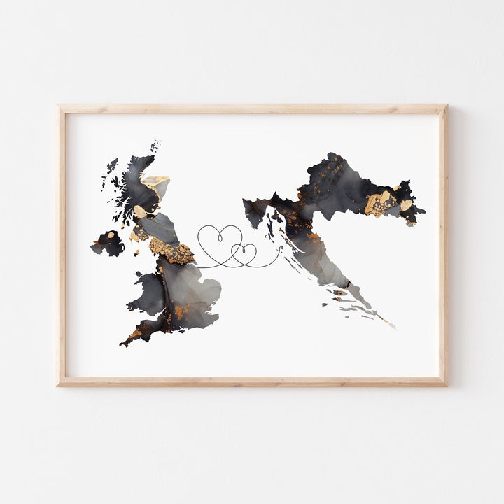 Britain and Croatia Map Black & Gold Travel Wall Art Print | United Kingdom | UK