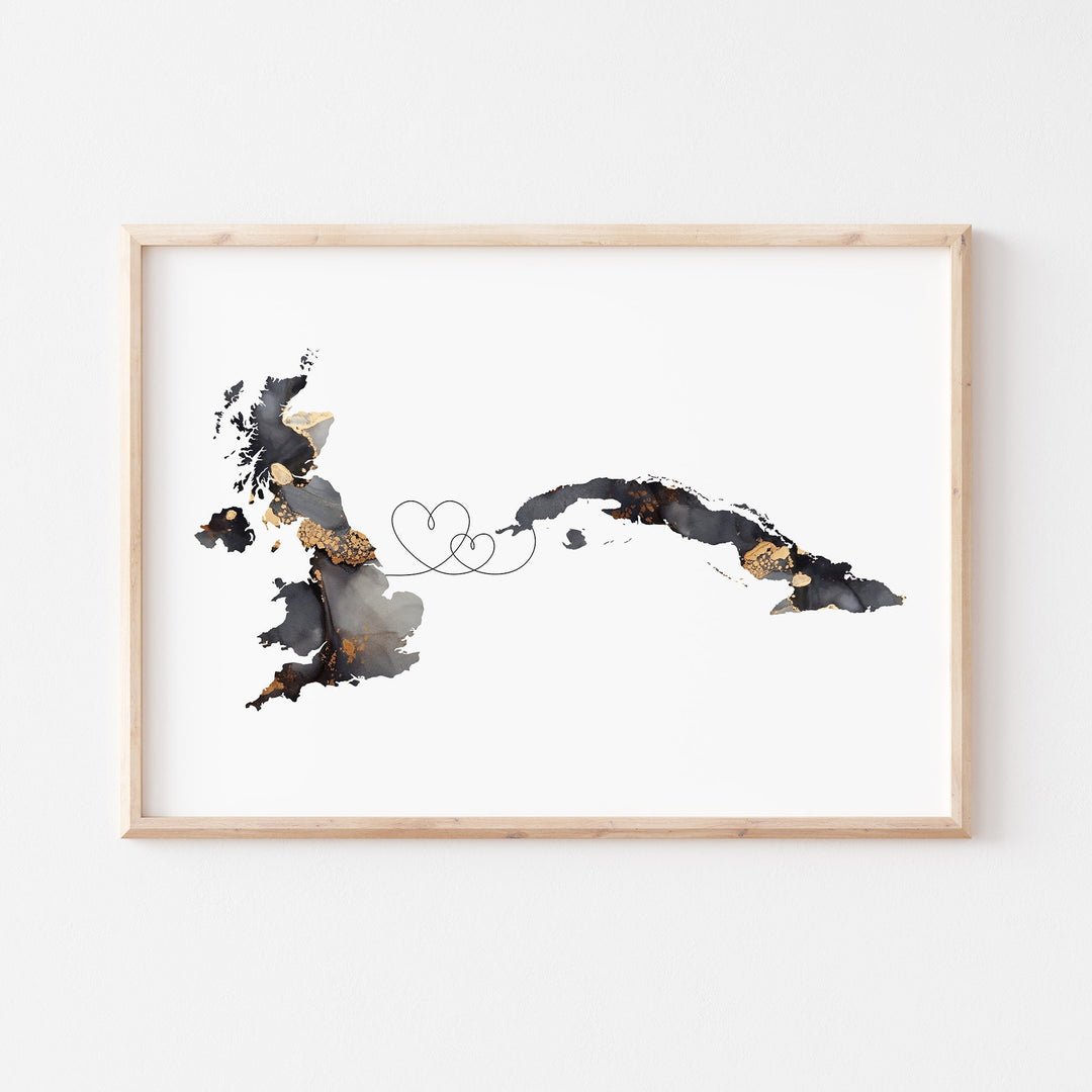 Britain and Cuba Map Black & Gold Travel Wall Art Print | United Kingdom | UK