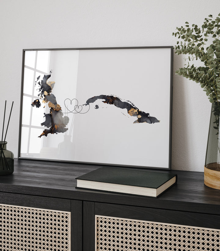 Britain and Cuba Map Black & Gold Travel Wall Art Print | United Kingdom | UK