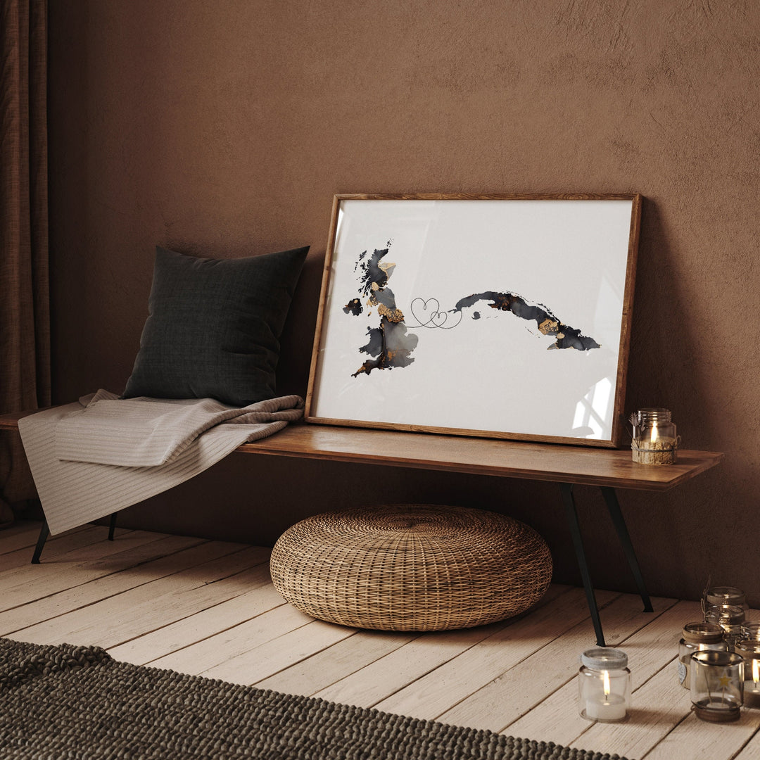 Britain and Cuba Map Black & Gold Travel Wall Art Print | United Kingdom | UK