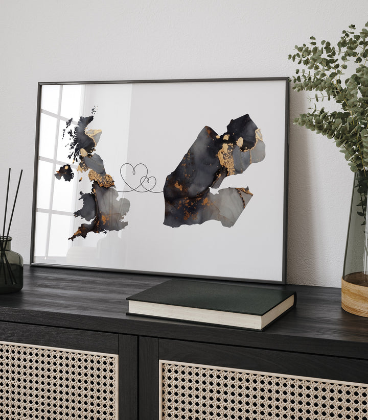 Britain and Djibouti Map Black & Gold Travel Wall Art Print | United Kingdom | UK