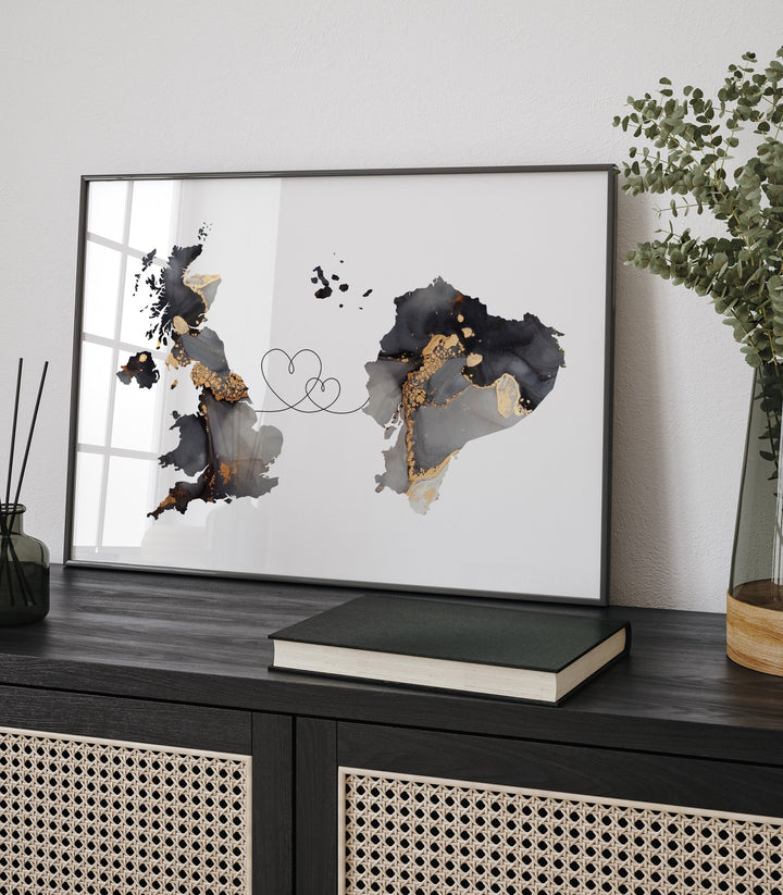 Britain and Ecuador Map Black & Gold Travel Wall Art Print | United Kingdom | UK