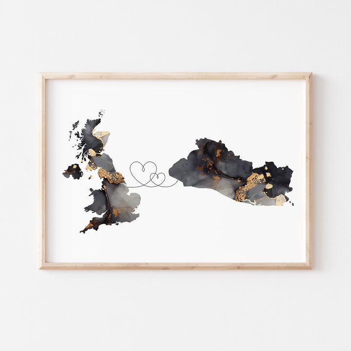 Britain and El Salvador Map Black & Gold Travel Wall Art Print | United Kingdom | UK