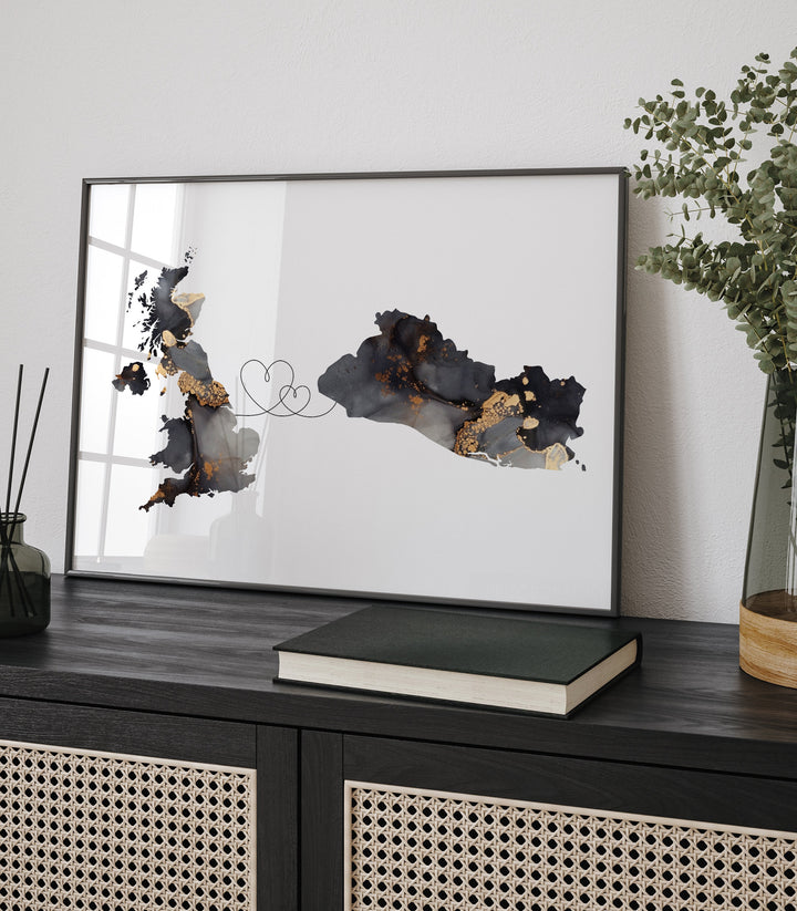 Britain and El Salvador Map Black & Gold Travel Wall Art Print | United Kingdom | UK