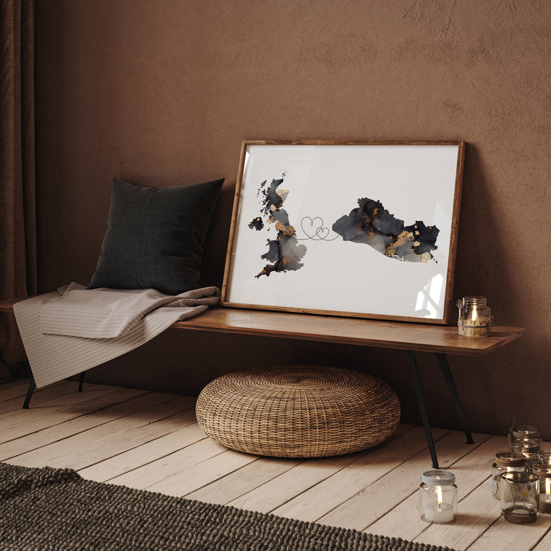 Britain and El Salvador Map Black & Gold Travel Wall Art Print | United Kingdom | UK