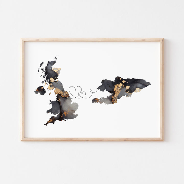 Britain and Kyrgyzstan Map Black & Gold Travel Wall Art Print | United Kingdom | UK