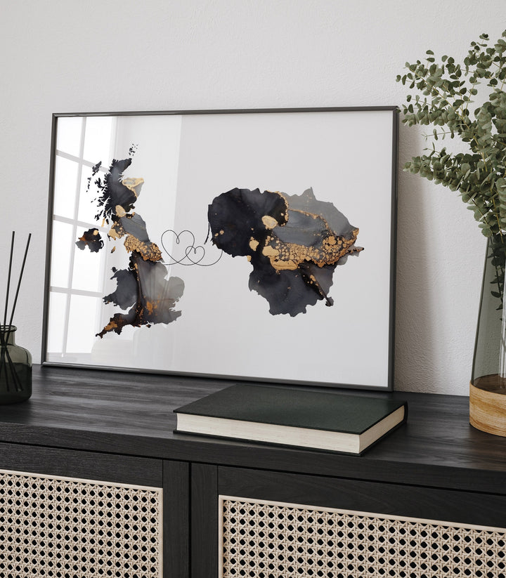 Britain and Lithuania Map Black & Gold Travel Wall Art Print | United Kingdom | UK