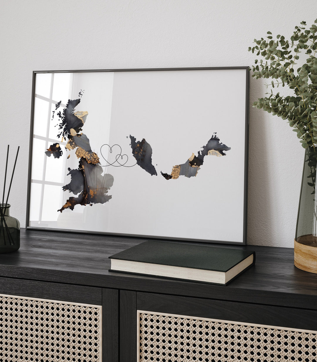 Britain and Malaysia Map Black & Gold Travel Wall Art Print | United Kingdom | UK