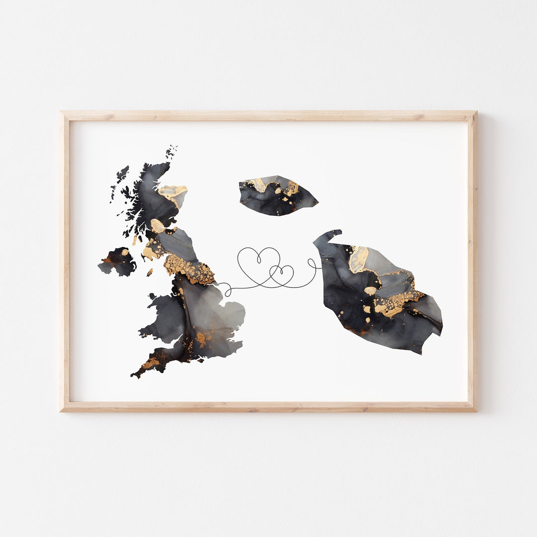 Britain and Malta Map Black & Gold Travel Wall Art Print | United Kingdom | UK