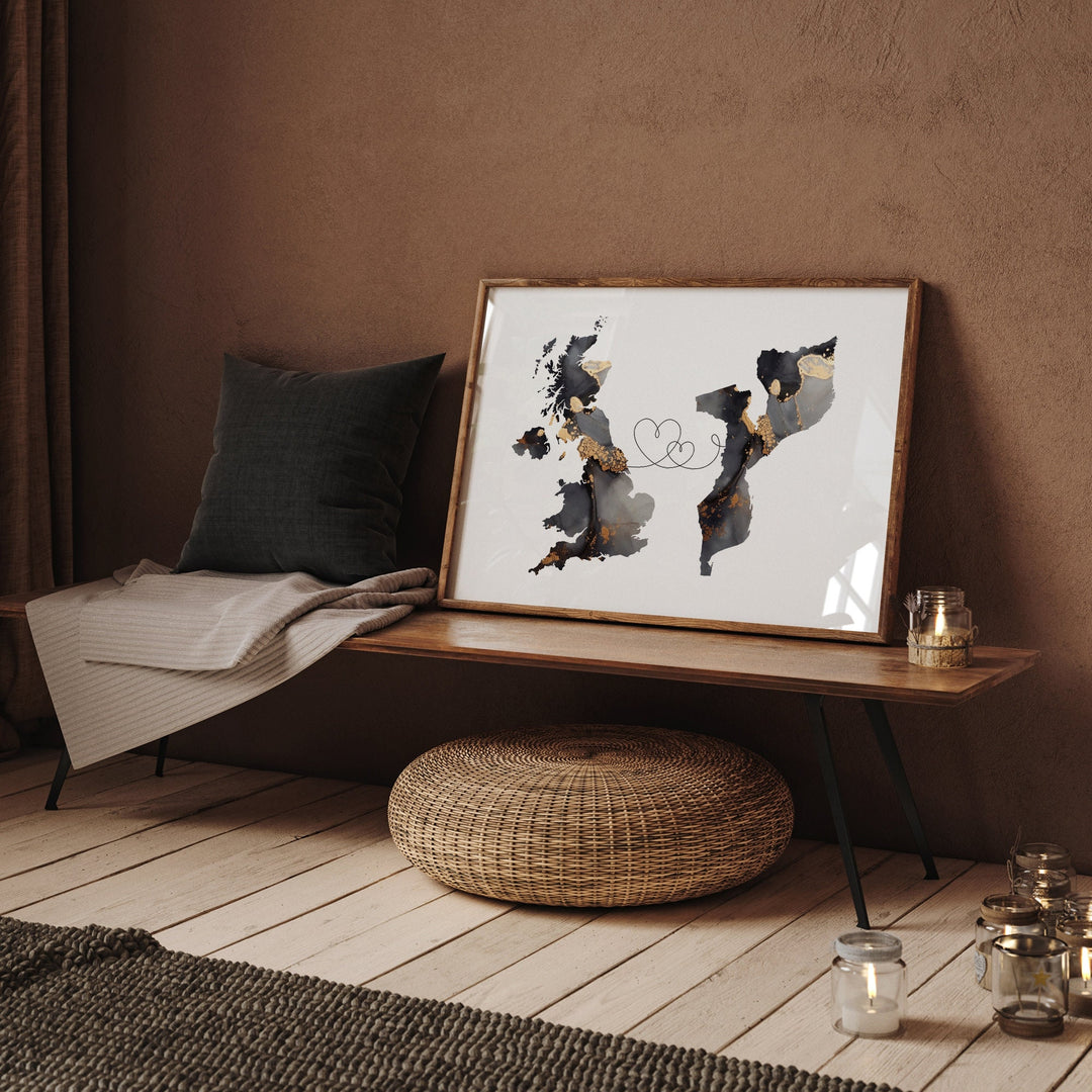 Britain and Mozambique Map Black & Gold Travel Wall Art Print | United Kingdom | UK