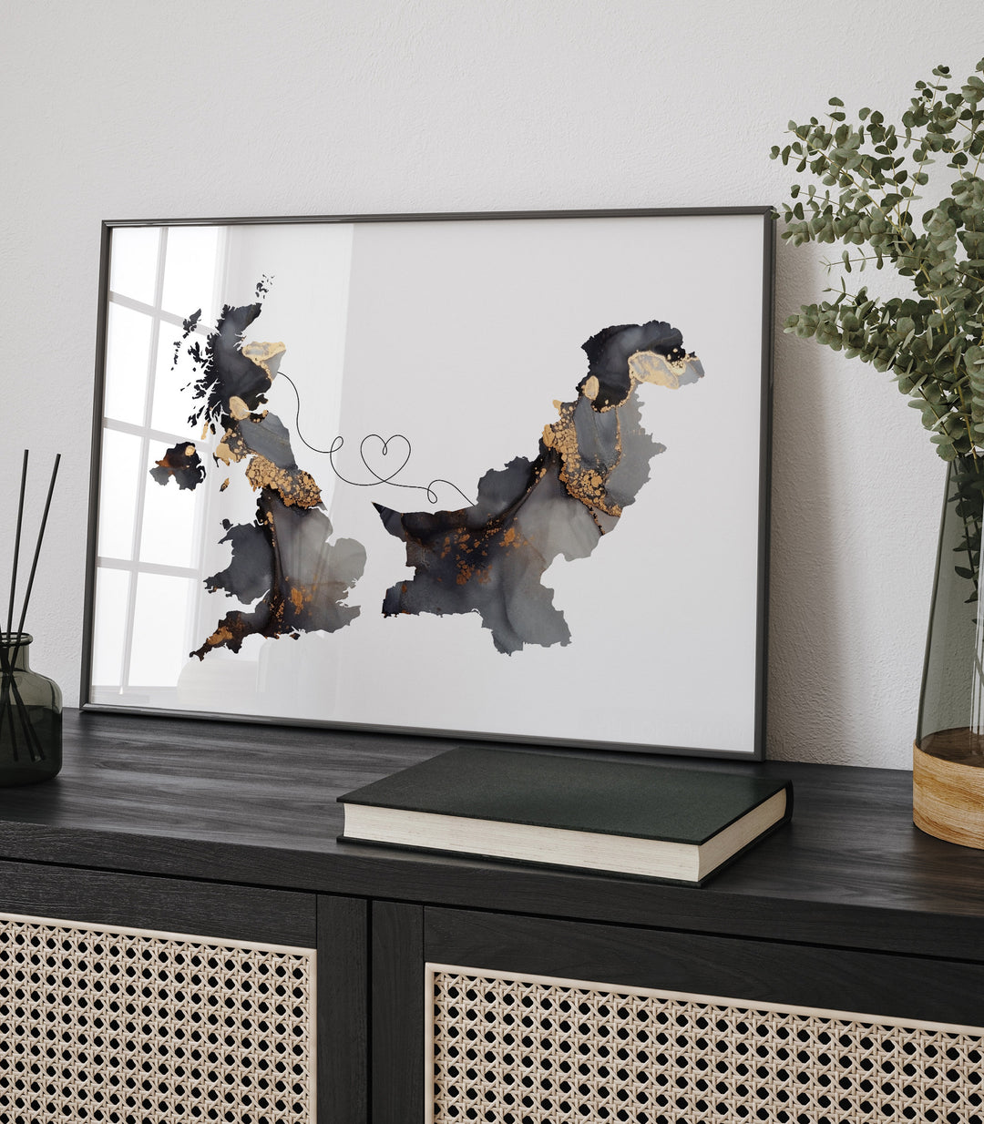 Britain and Pakistan Map Black & Gold Travel Wall Art Print | United Kingdom | UK
