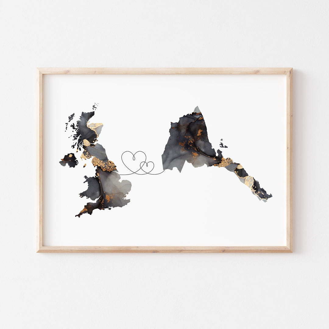 Britain and Eritrea Map Black & Gold Travel Wall Art Print | United Kingdom | UK