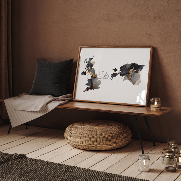 Britain and Estonia Map Black & Gold Travel Wall Art Print | United Kingdom | UK