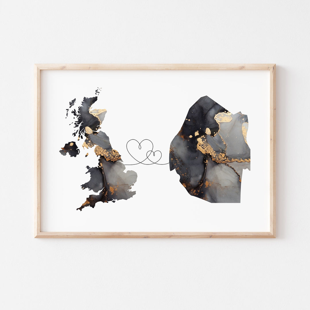 Britain and Eswatini Map Black & Gold Travel Wall Art Print | United Kingdom | UK