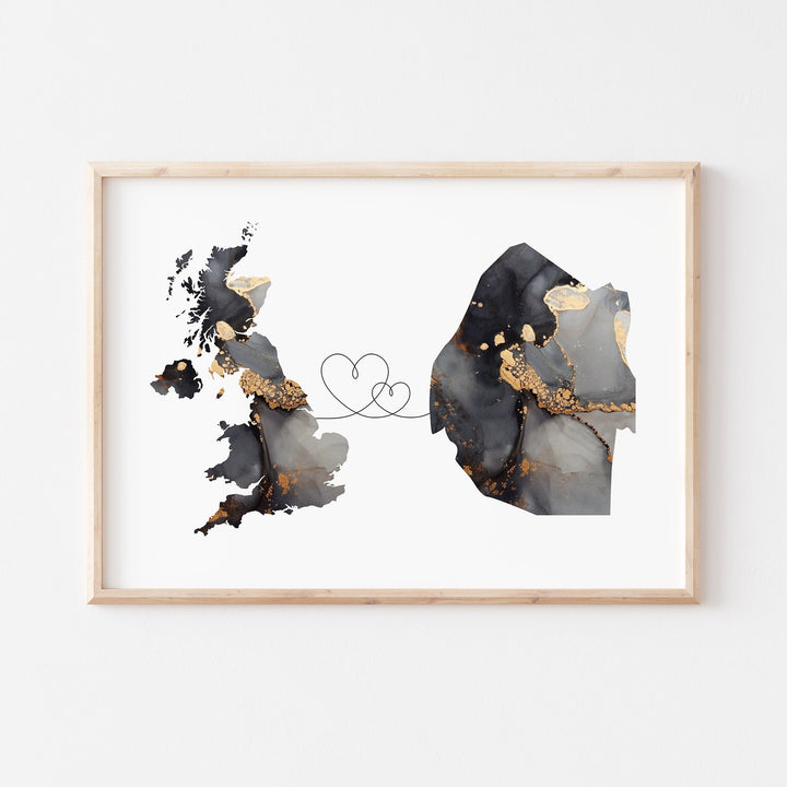 Britain and Eswatini Map Black & Gold Travel Wall Art Print | United Kingdom | UK
