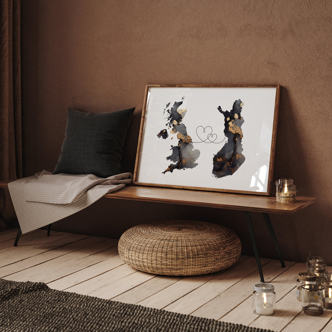 Britain and Ethopia Map Black & Gold Travel Wall Art Print | United Kingdom | UK