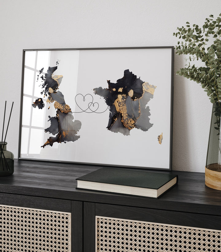 Britain and France Map Black & Gold Travel Wall Art Print | United Kingdom | UK