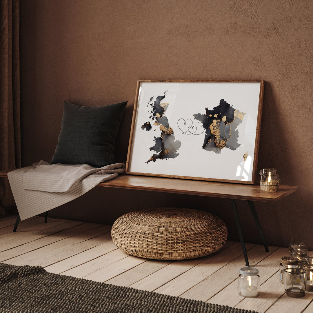 Britain and France Map Black & Gold Travel Wall Art Print | United Kingdom | UK