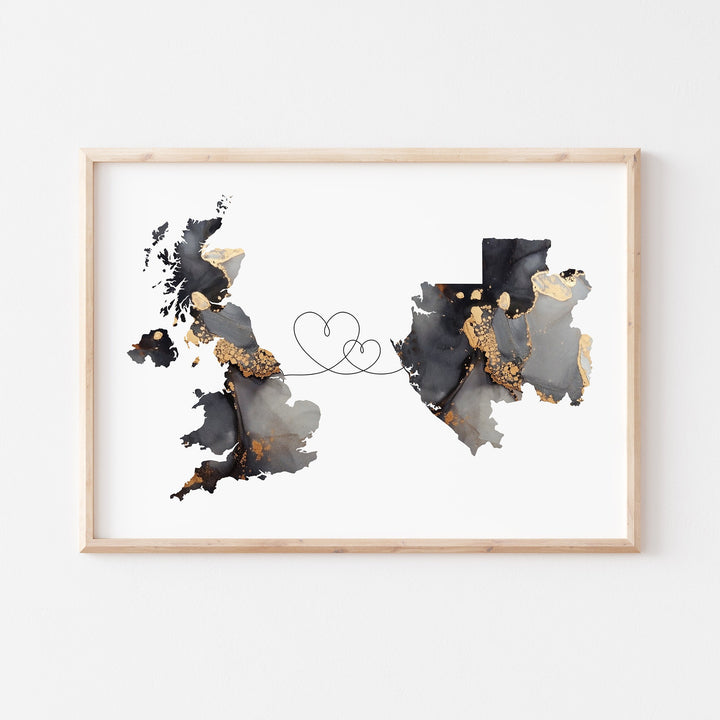 Britain and Gabon Map Black & Gold Travel Wall Art Print | United Kingdom | UK