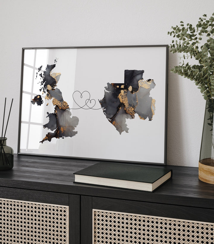 Britain and Gabon Map Black & Gold Travel Wall Art Print | United Kingdom | UK