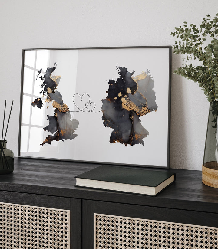 Britain and Germany Map Black & Gold Travel Wall Art Print | United Kingdom | UK