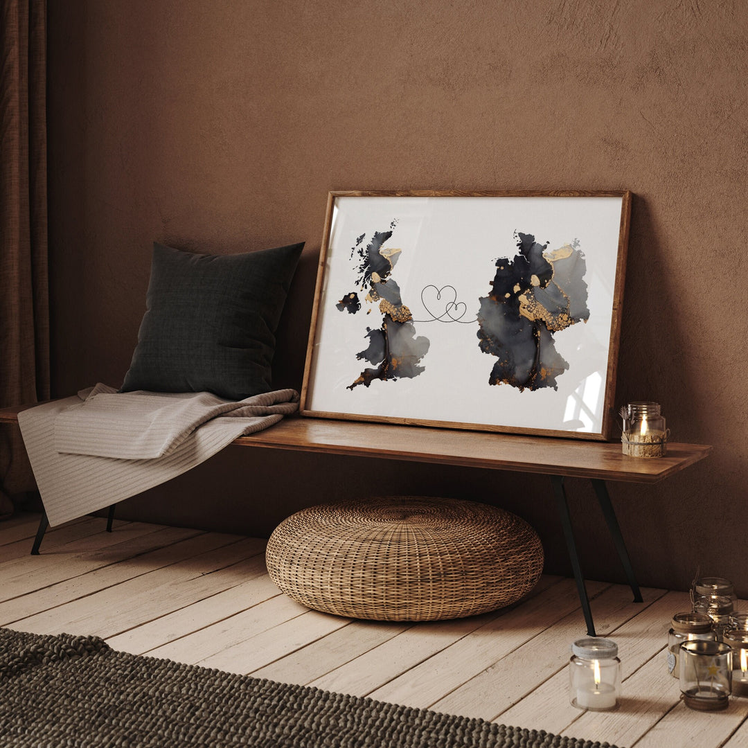 Britain and Germany Map Black & Gold Travel Wall Art Print | United Kingdom | UK