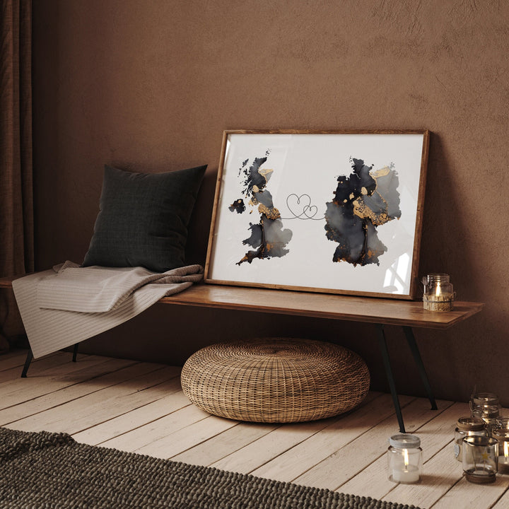 Britain and Germany Map Black & Gold Travel Wall Art Print | United Kingdom | UK