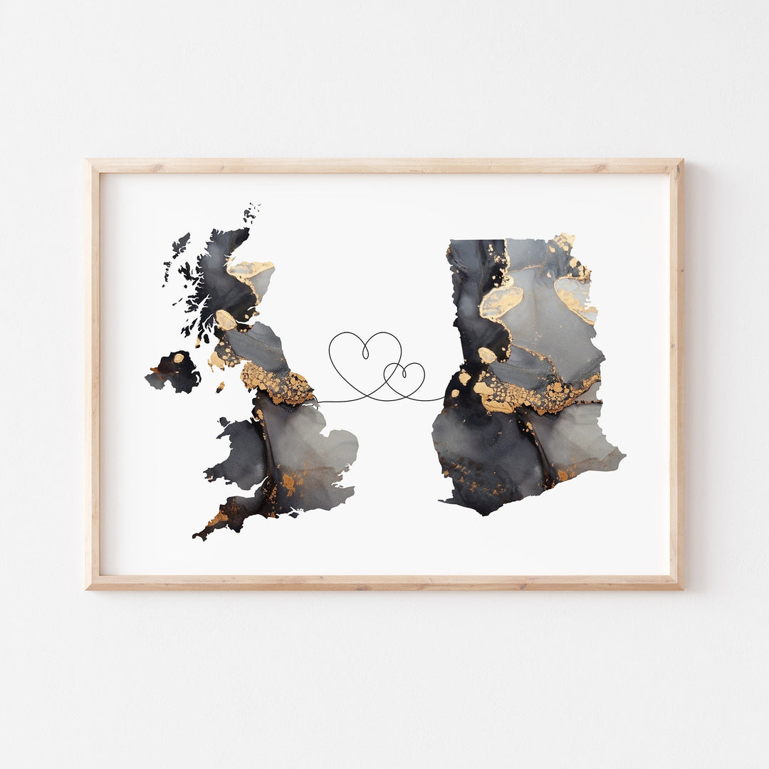 Britain and Ghana Map Black & Gold Travel Wall Art Print | United Kingdom | UK