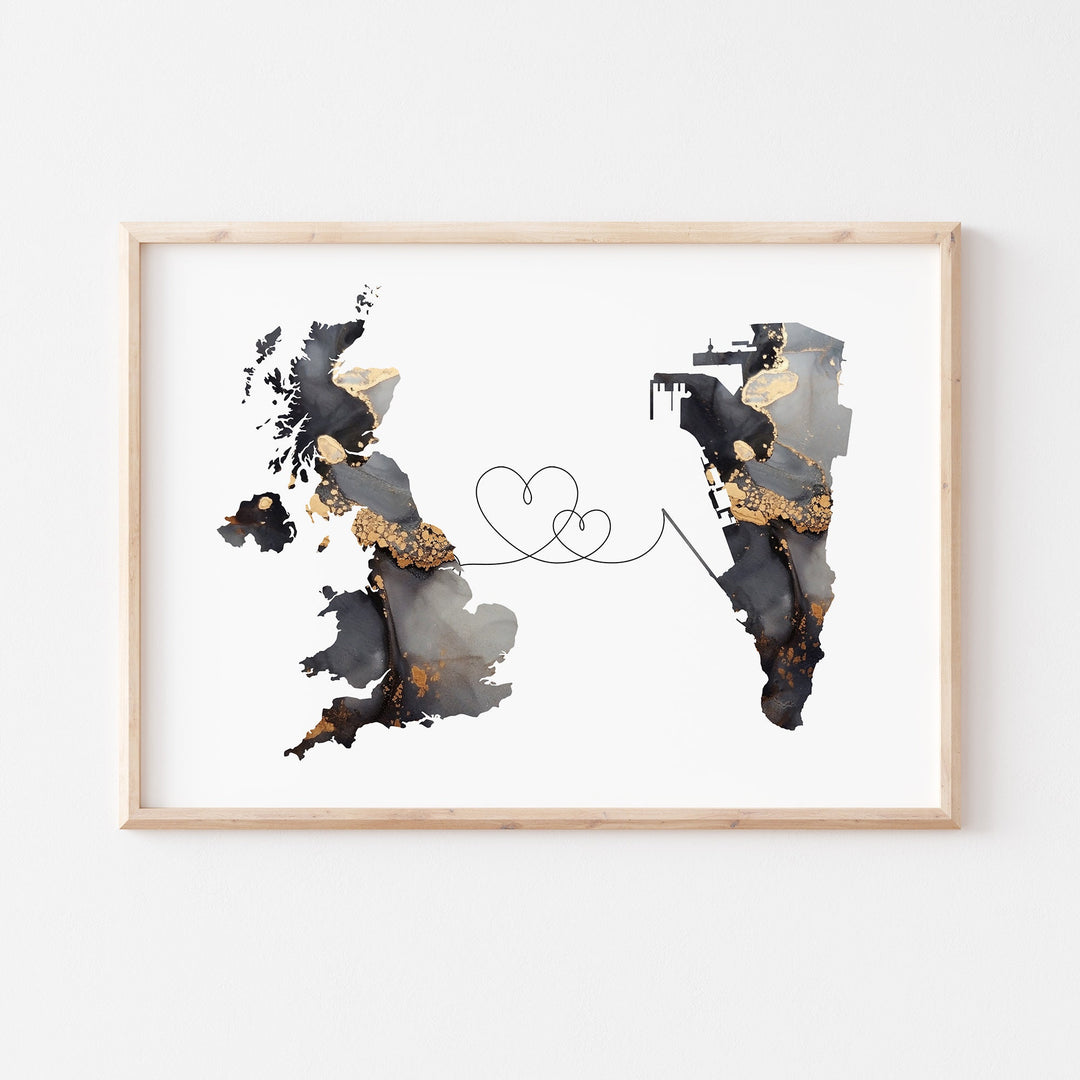 Britain and Gibraltar Map Black & Gold Travel Wall Art Print | United Kingdom | UK