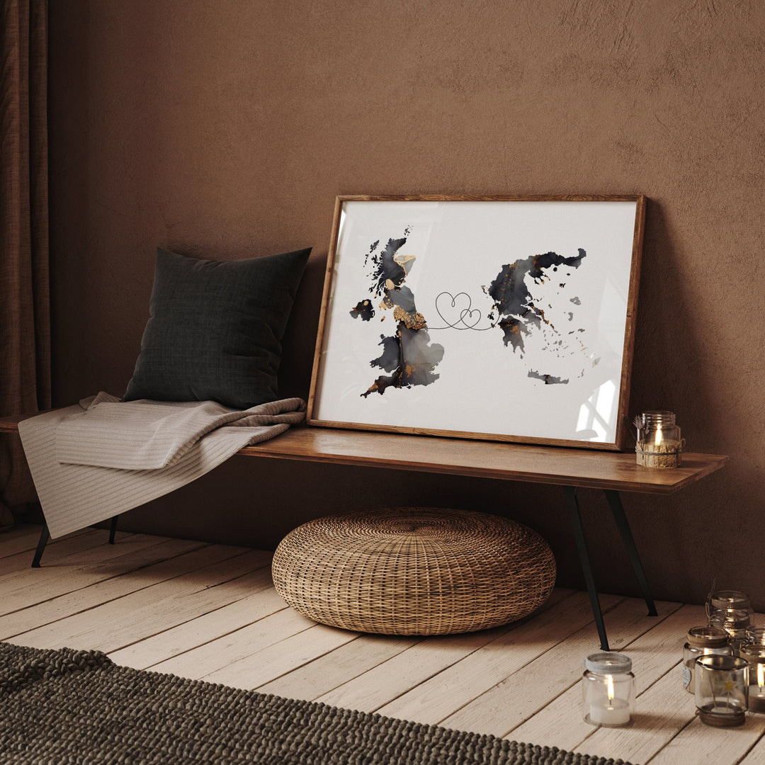 Britain and Greece Map Black & Gold Travel Wall Art Print | United Kingdom | UK