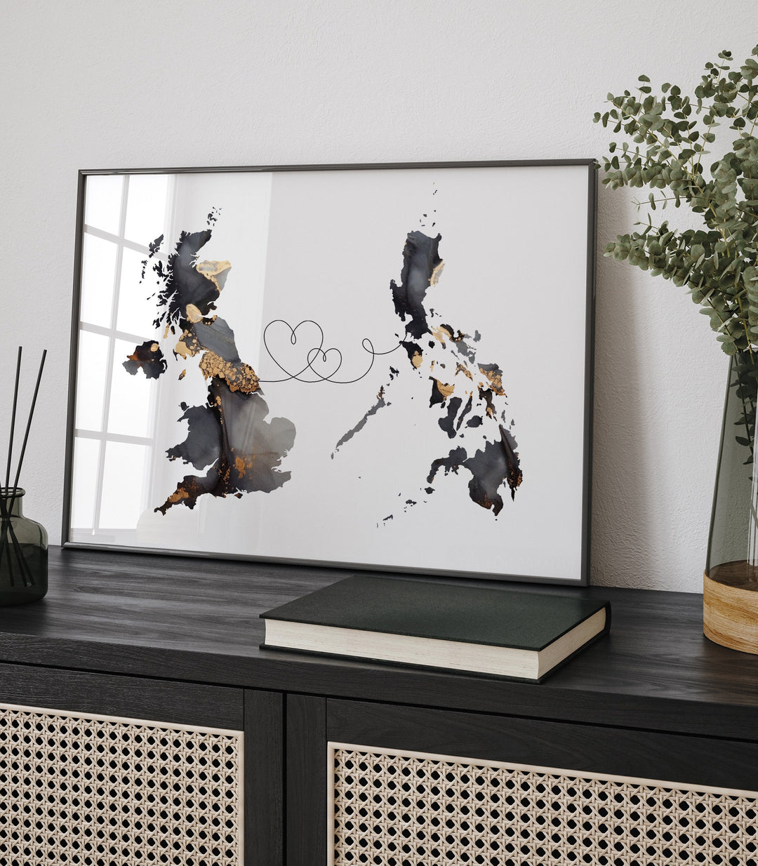 Britain and Philippines Map Black & Gold Travel Wall Art Print | United Kingdom | UK