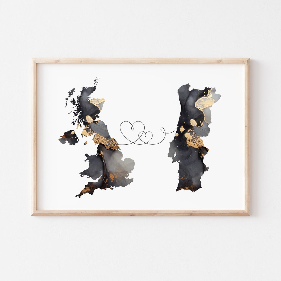Britain and Portugal Map Black & Gold Travel Wall Art Print | United Kingdom | UK