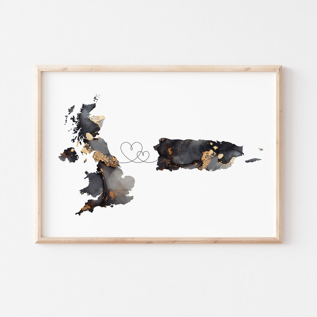 Britain and Puerto Rico Map Black & Gold Travel Wall Art Print | United Kingdom | UK