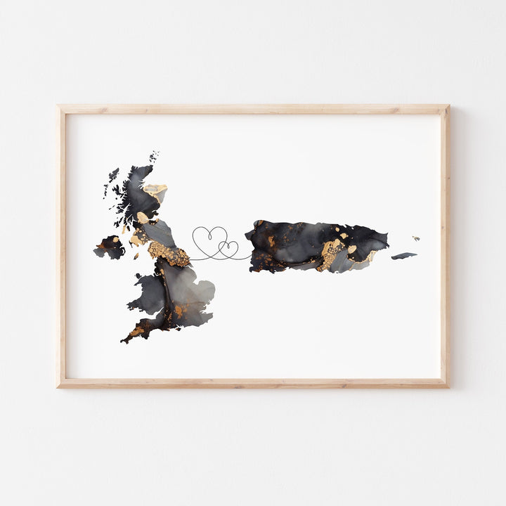 Britain and Puerto Rico Map Black & Gold Travel Wall Art Print | United Kingdom | UK