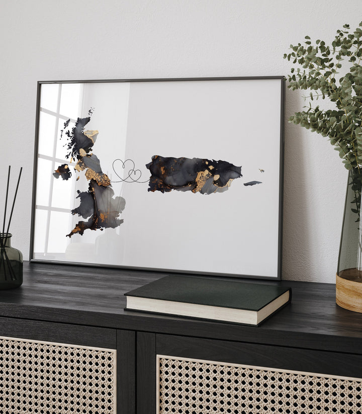 Britain and Puerto Rico Map Black & Gold Travel Wall Art Print | United Kingdom | UK