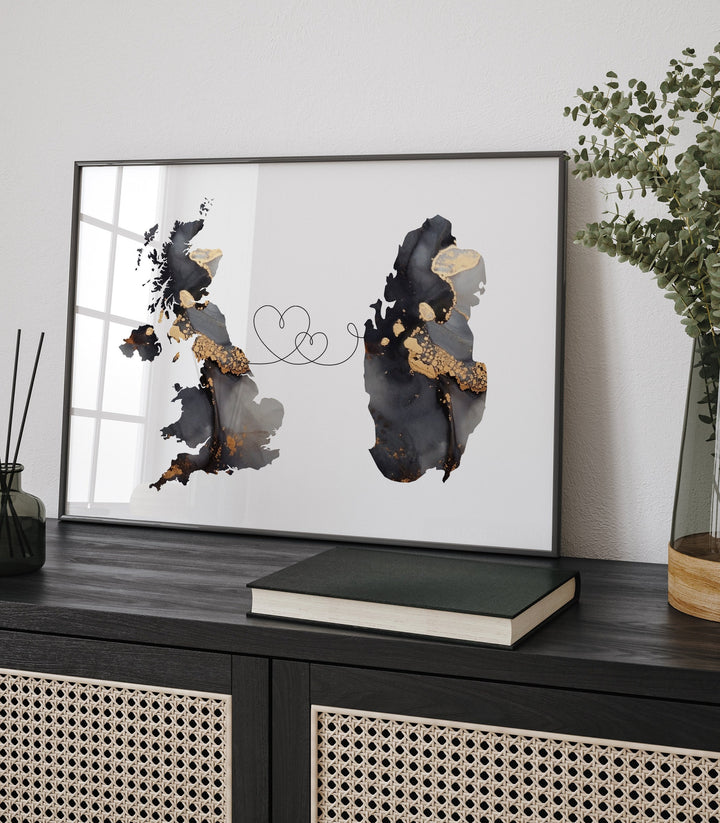 Britain and Qatar Map Black & Gold Travel Wall Art Print | United Kingdom | UK
