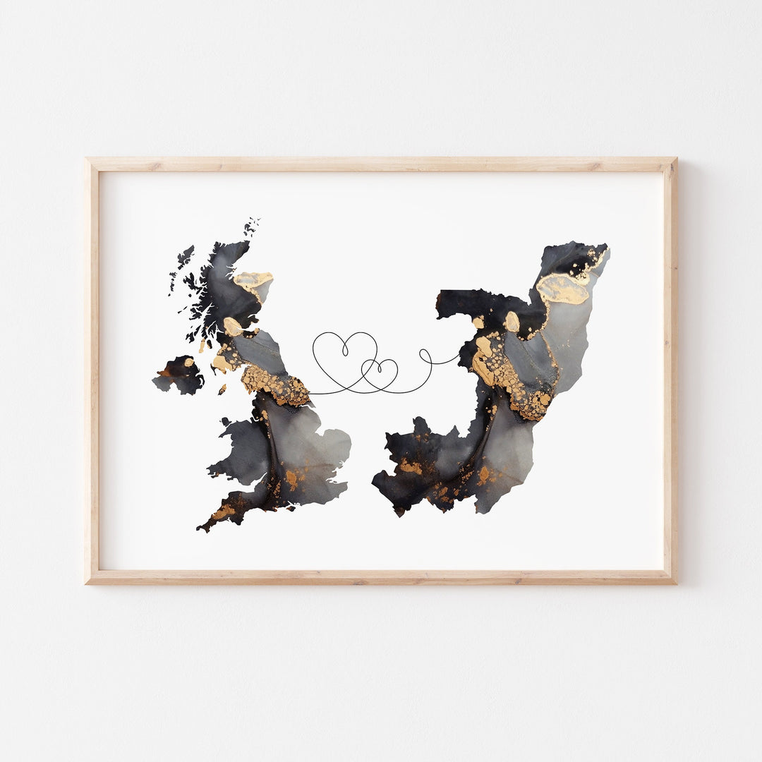 Britain and Republic of the Congo Map Black & Gold Travel Wall Art Print | United Kingdom | UK