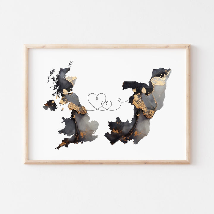 Britain and Republic of the Congo Map Black & Gold Travel Wall Art Print | United Kingdom | UK